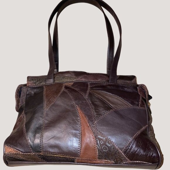 Leather Patchwork Handbag Tote Purse Vintage Brown Double Handle Large Capacity - Picture 1 of 16